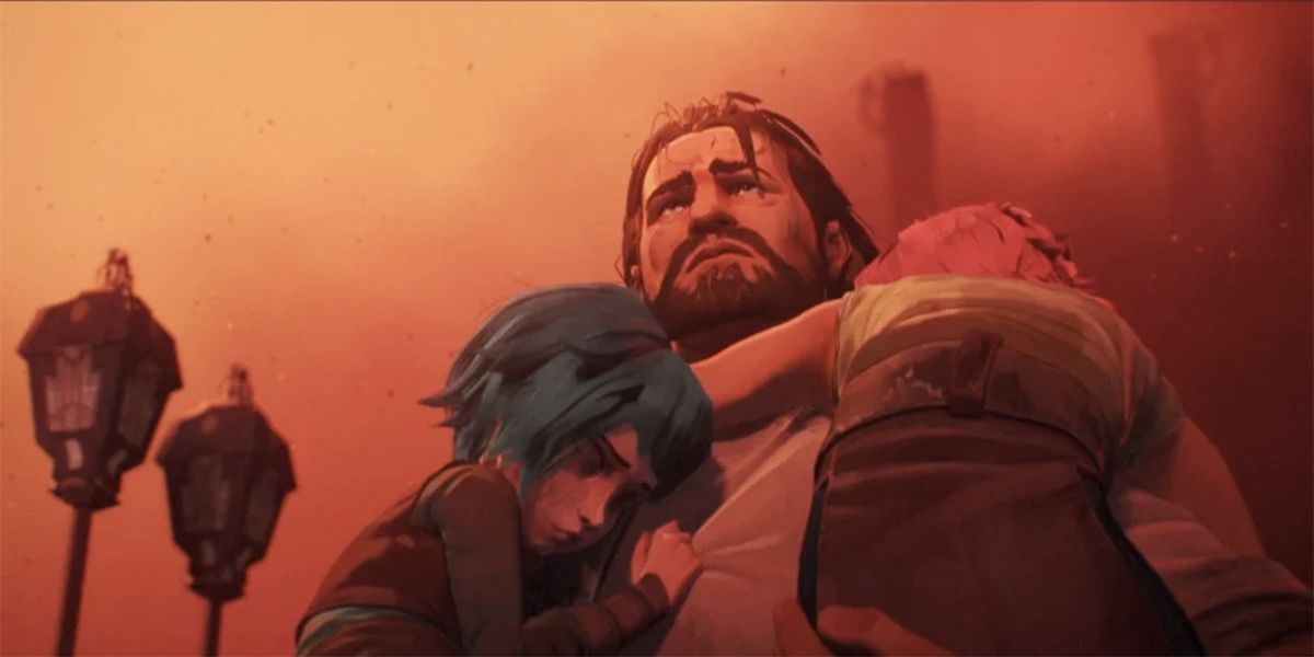 a man hugging two girls in a red wasteland
