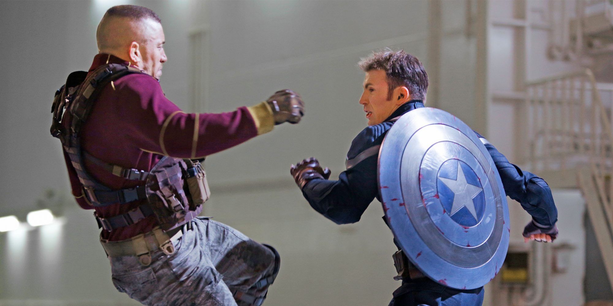 Chris Evans as Captain America fights Georges St-Pierre as Batroc in Captain America The Winter Soldier.