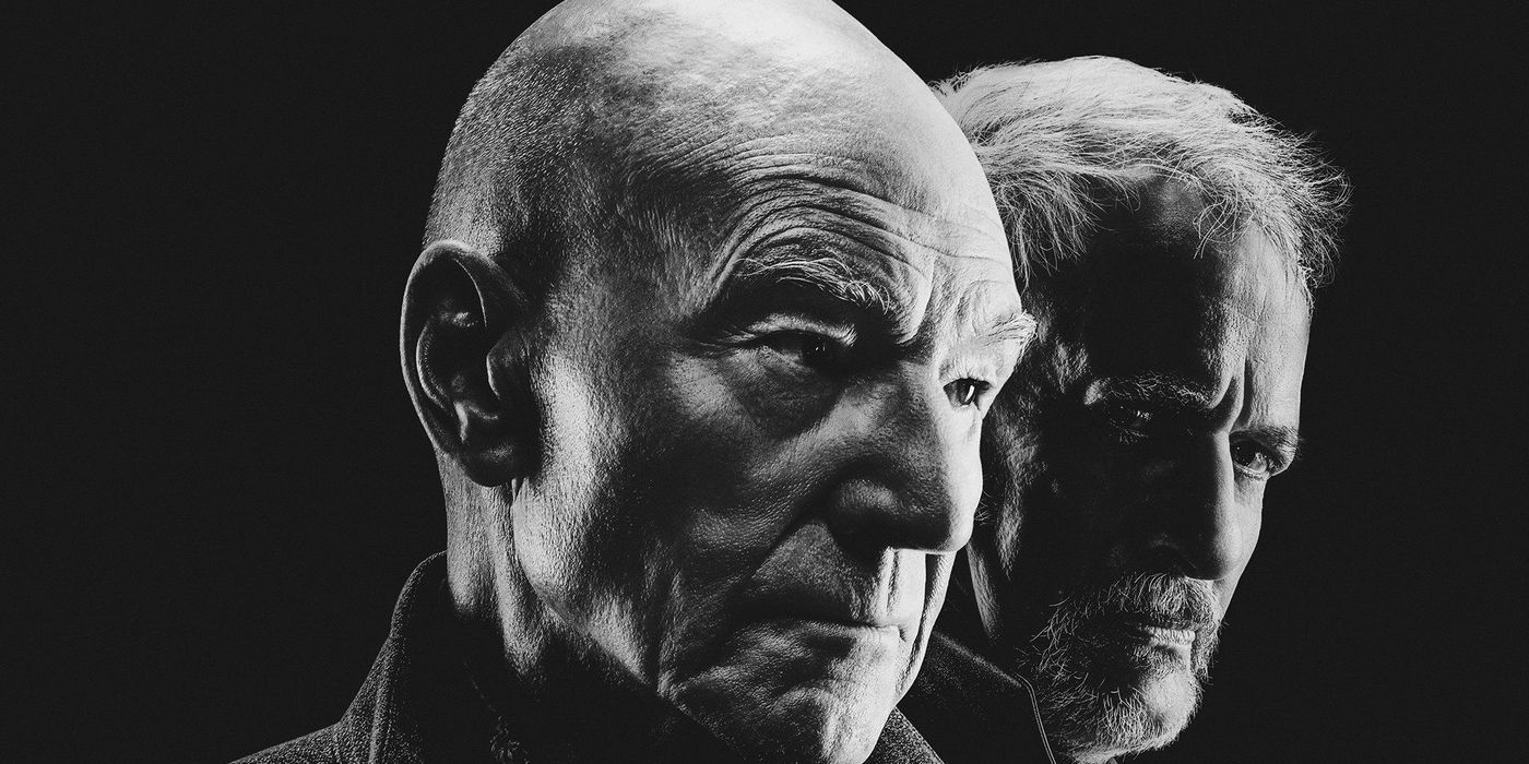 Patrick Stewart and John de Lancie in a black and white promotional image from Star Trek Picard Season 2