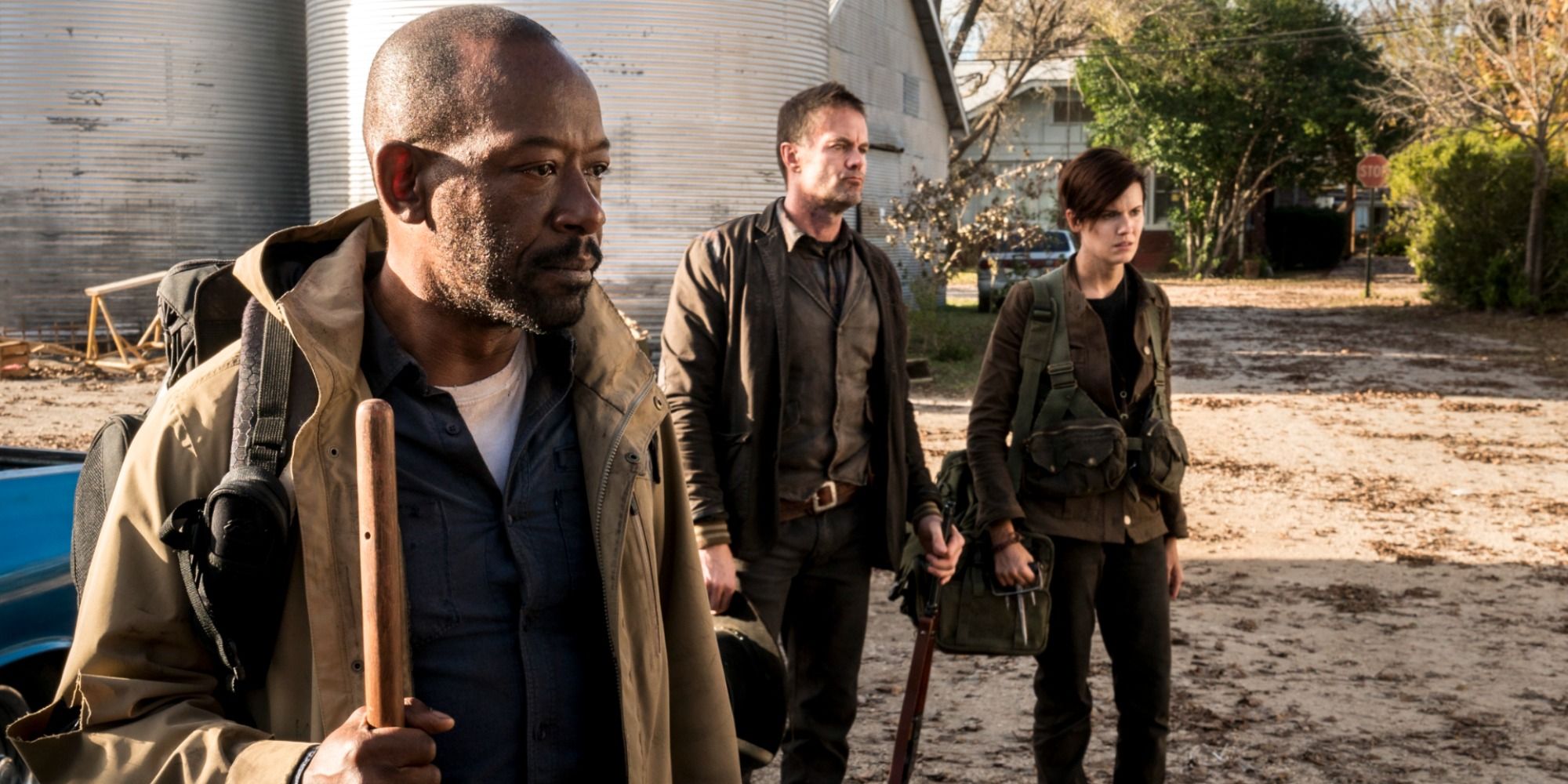 Characters gather to look at something outside in the Fear the Walking Dead episode Good Out Here