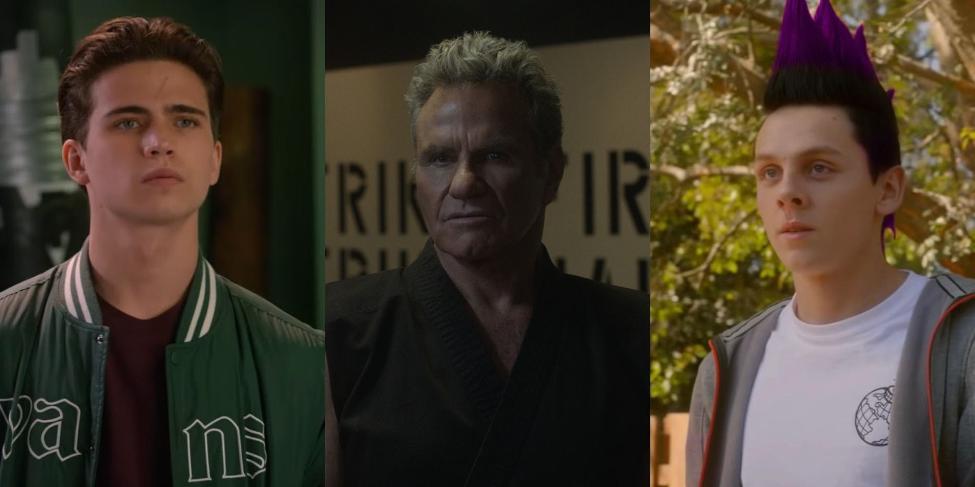 A collage of Robby, Kreese, and Hawk from Cobra Kai.