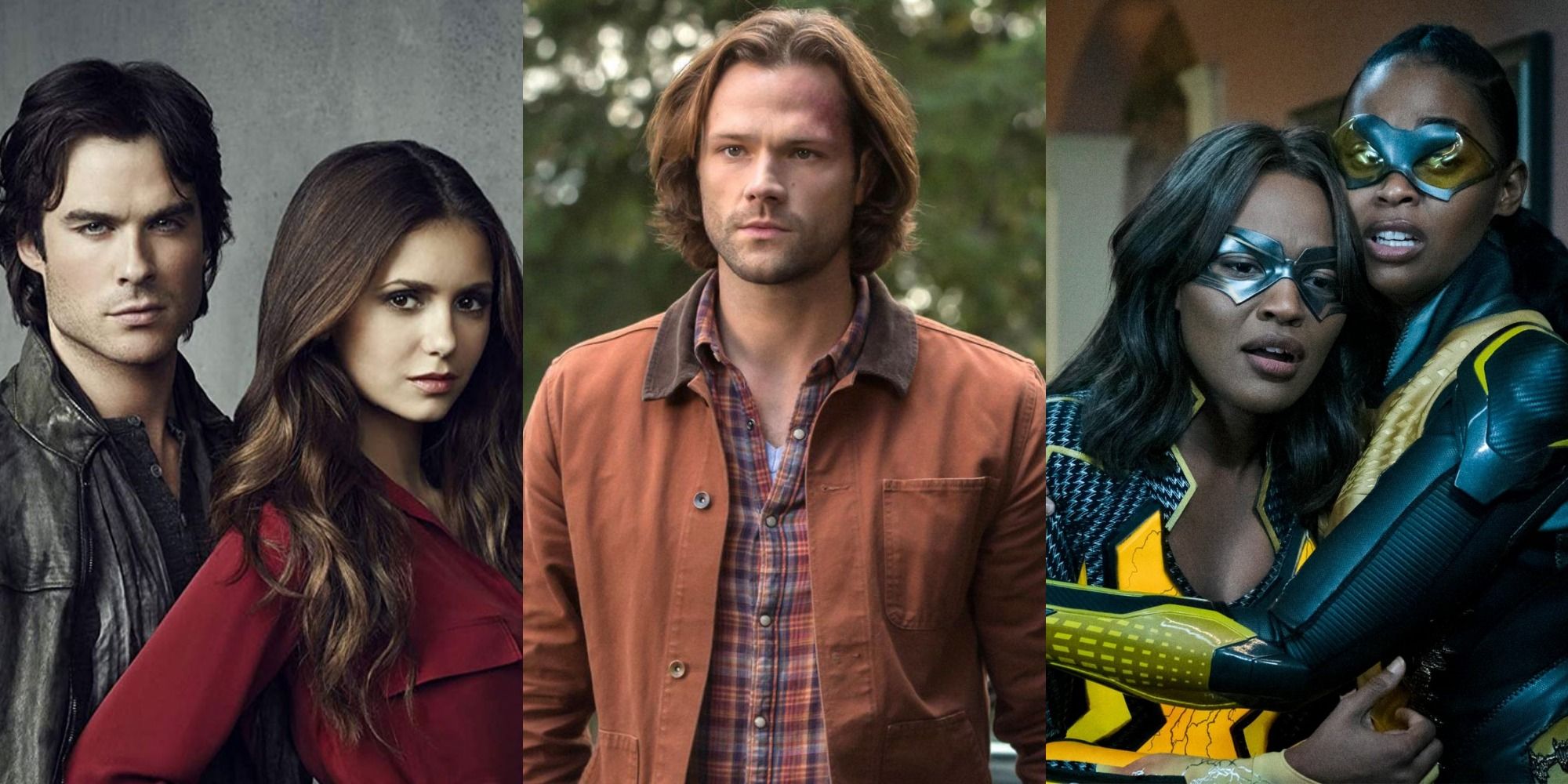 A collage of characters from The Vampire Diaries, Supernatural, and Black Lightning.