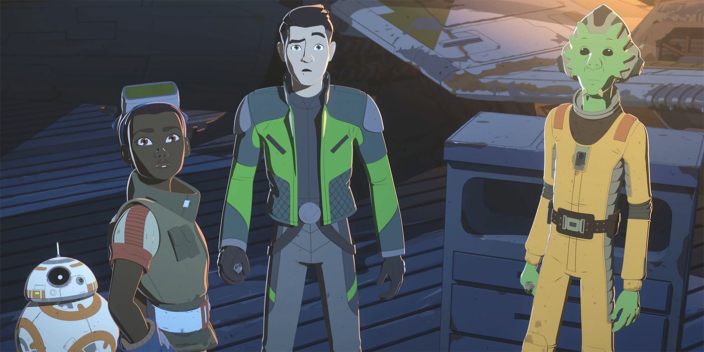 Two humans, BB-8, and an alien looking up at something in Star Wars Resistance