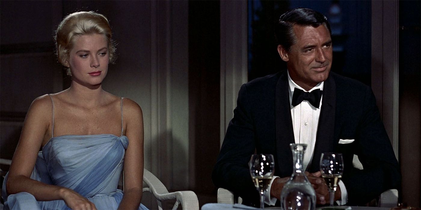 Grace Kelly in a blue gown and Cary Grant in a tux in To Catch a Thief