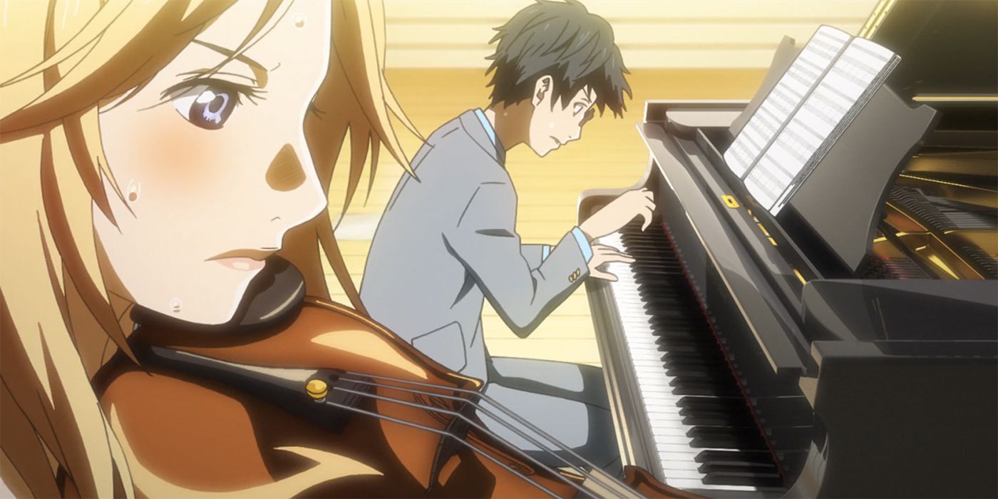 One character plays a piano while another plays a violin in Your Lie in April.