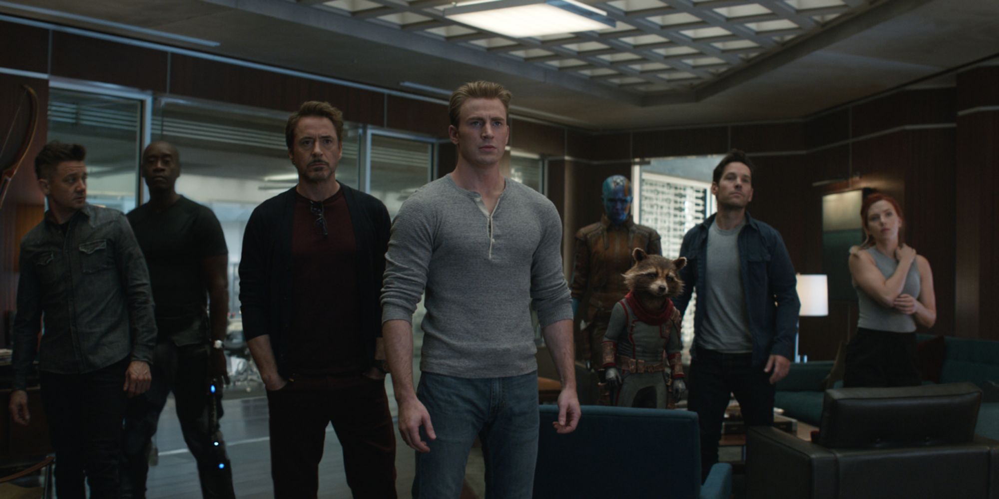 Avengers: Endgame images featuring Clint Barton, James Rhodes, Tony Stark, Steve Rogers, Rocket, Nebula, Scott Lang, and Natasha Romanoff. 