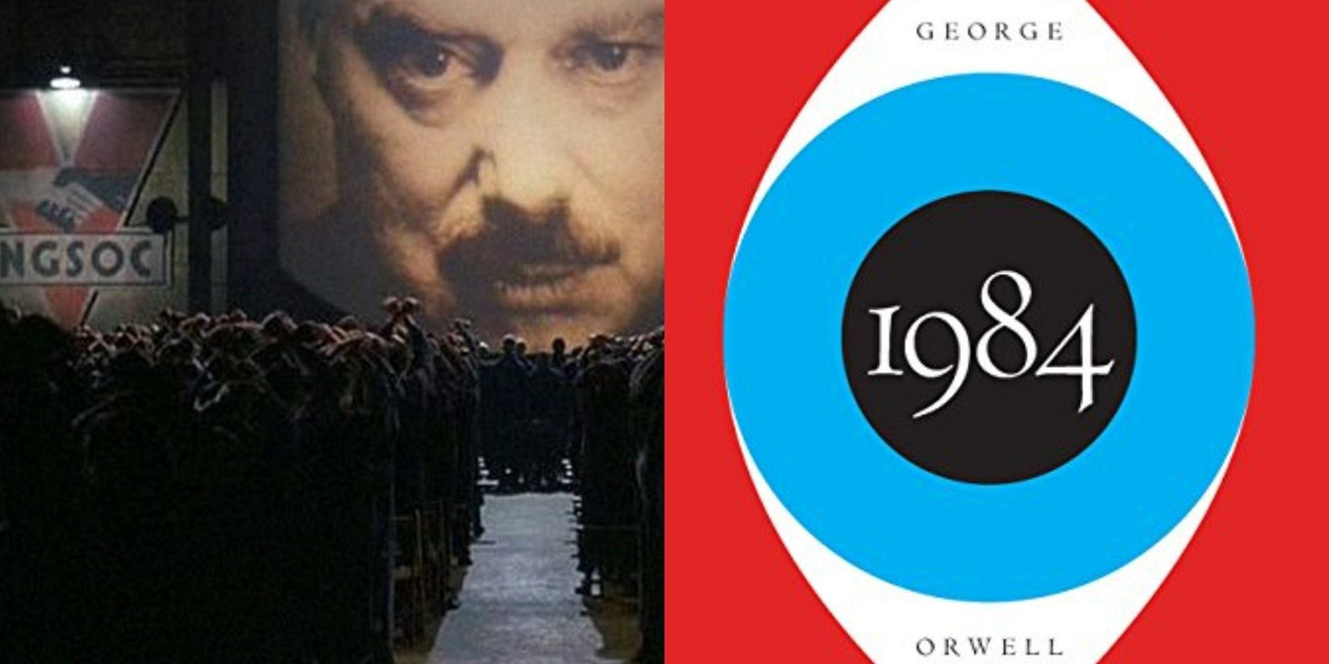 (Left) 1984 movie scene of man on screen / (Right) 1984 book cover with eye in the middle