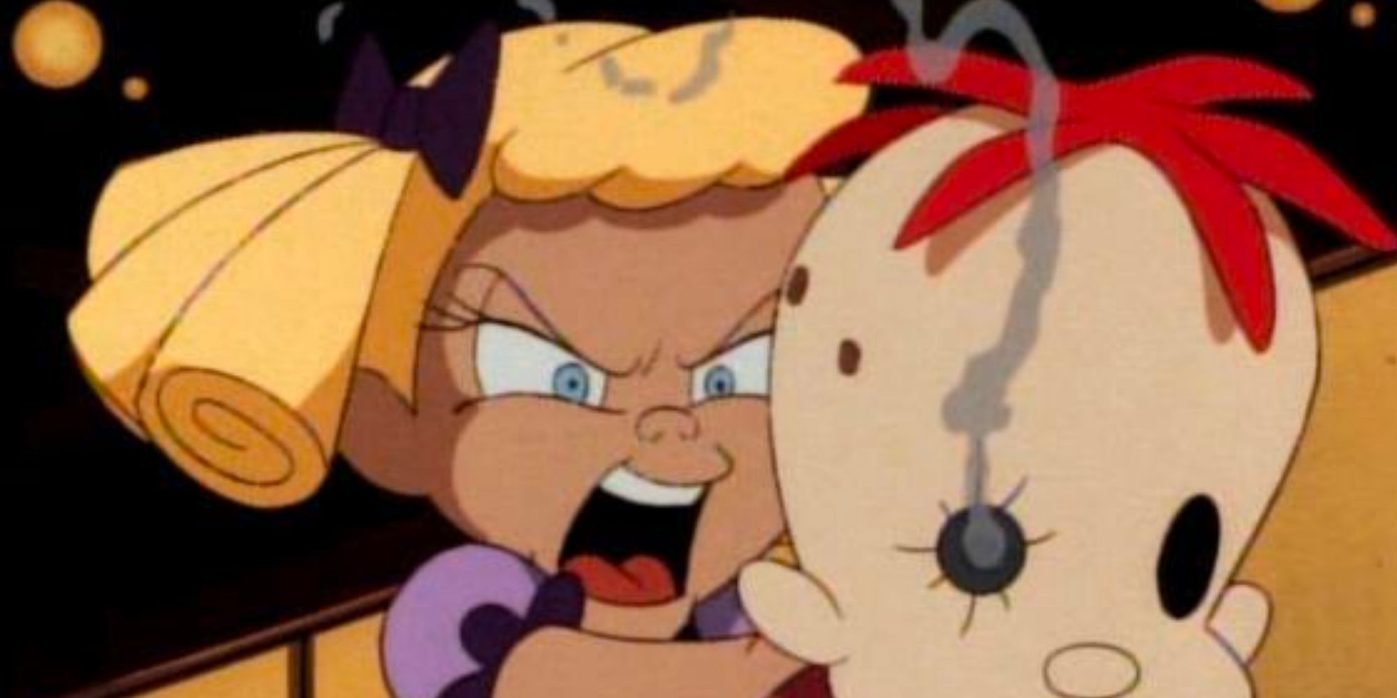 Baby Doll shouting and holding a doll in Batman: The Animated Series