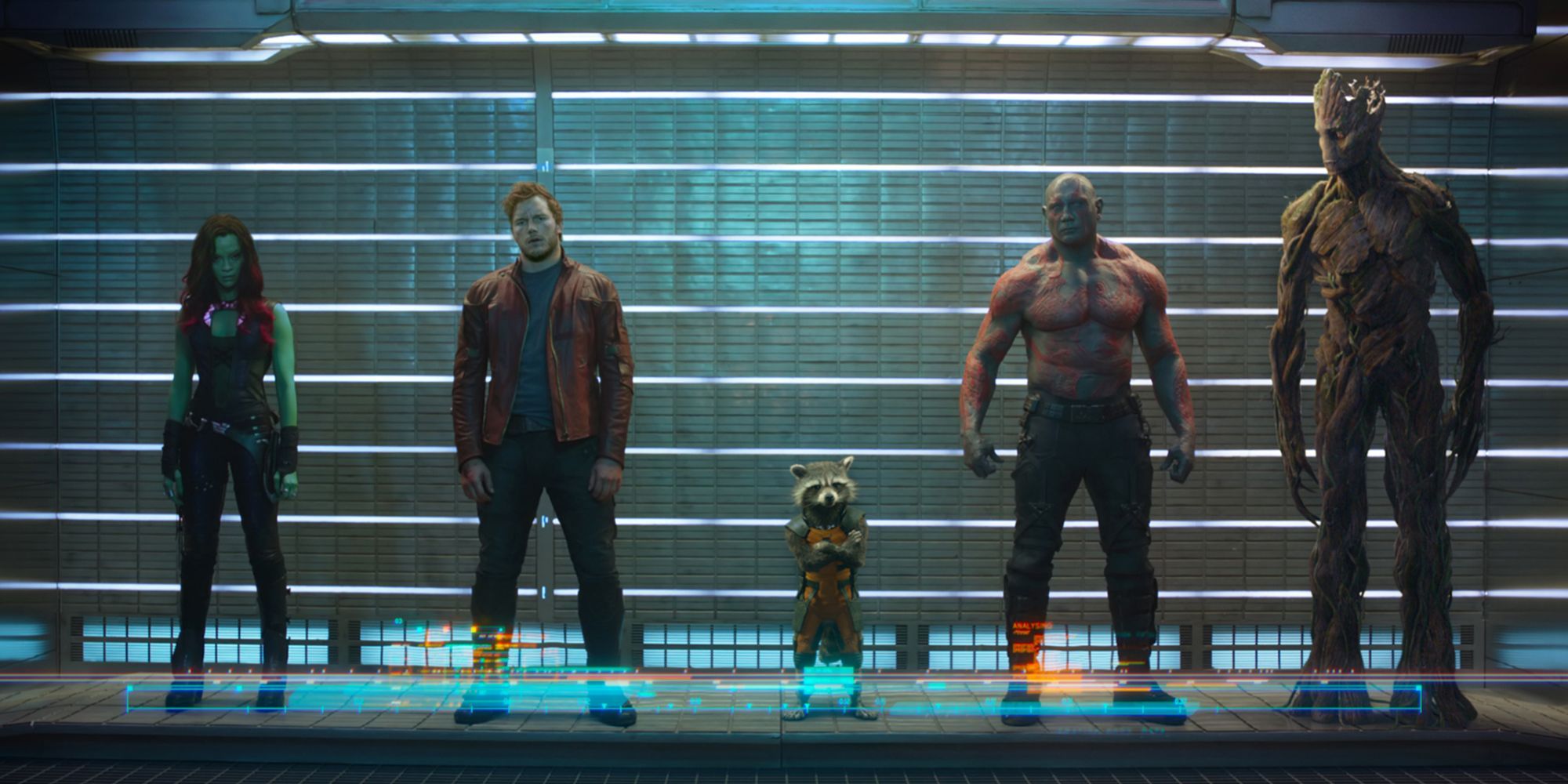 A still image from Guardians of the Galaxy, featuring Starlord, Gamora, Drax, Groot, and Rocket.