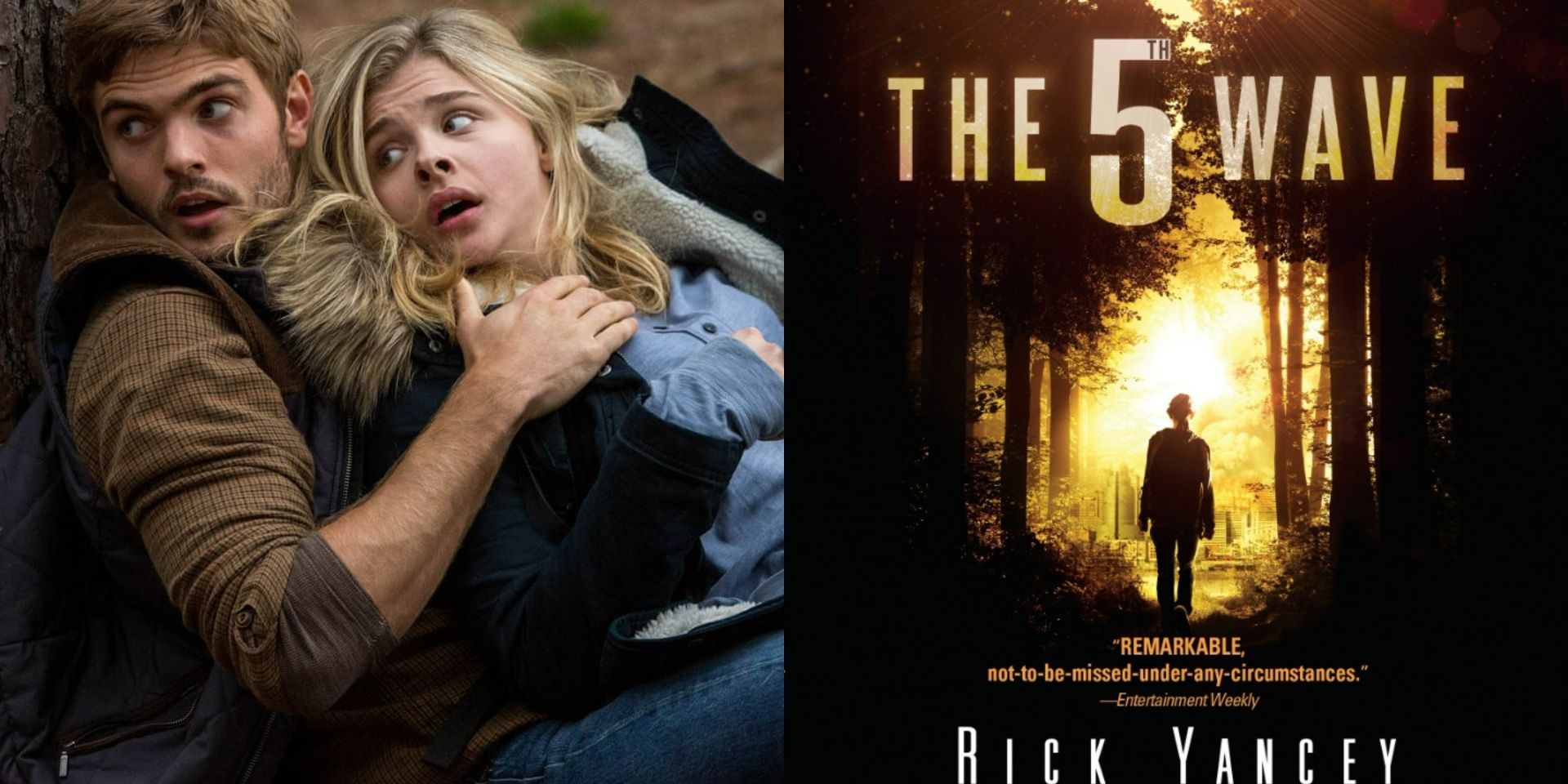 (Left) Evan holding Cassie behind tree / (Right) The 5th Wave book cover