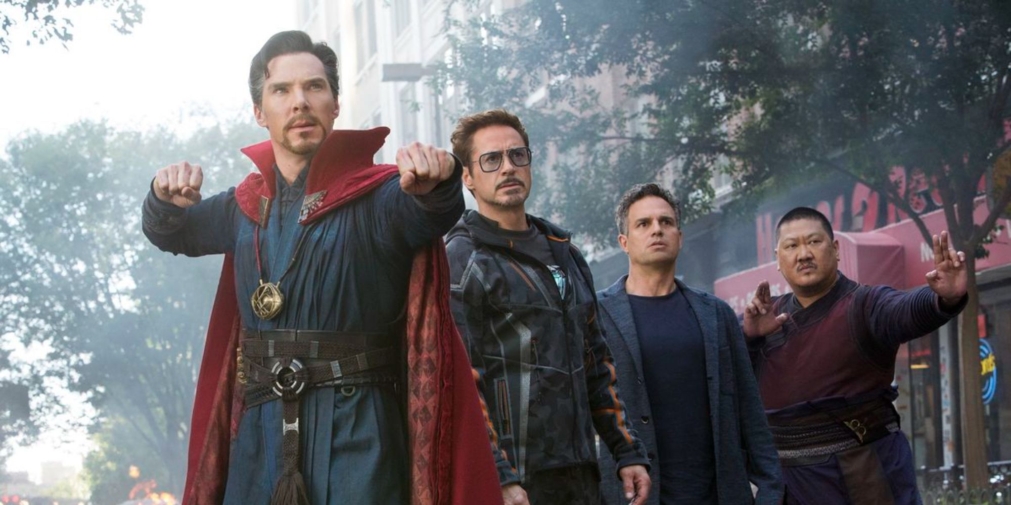 A still image from Avengers: Infinity War, featuring Doctor Strange, Tony Stark, Bruce Banner, and Wong.