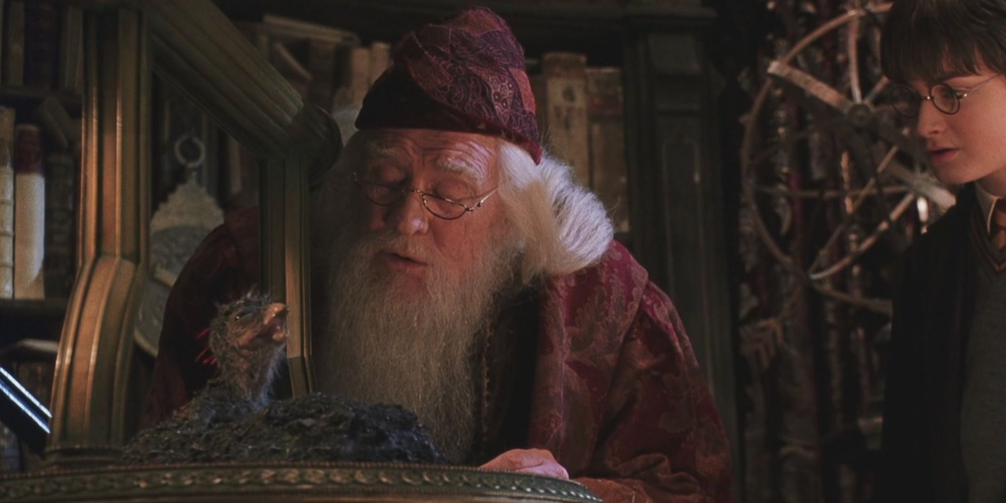 Albus Dumbledore et Fawkes le Phénix dans la Chambre des Secrets de Harry Potter