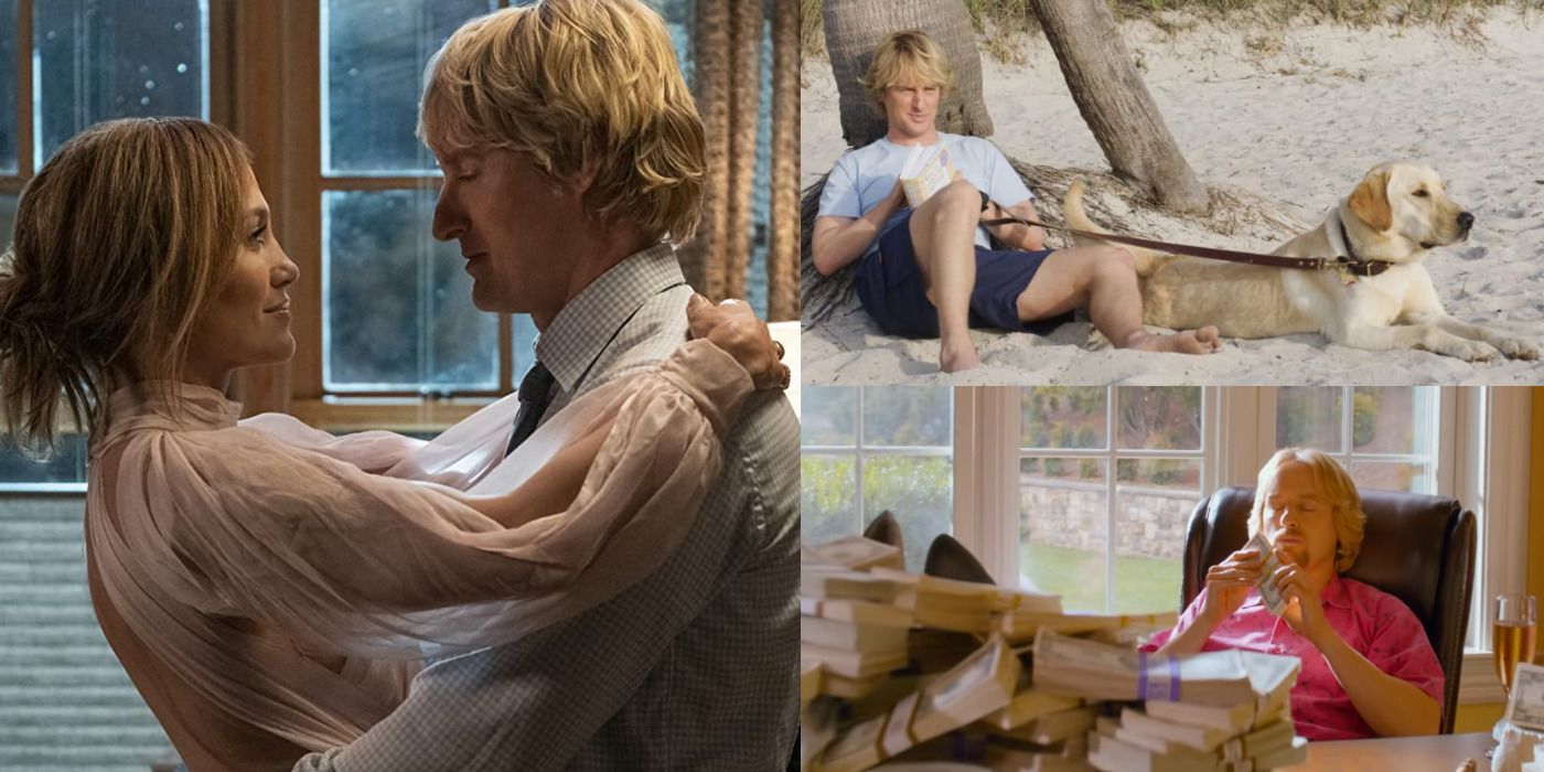 Collage with images from Marry Me with Jennifer Lopez and Owen Wilson, the movie Marley & Me and the movie Mastermind
