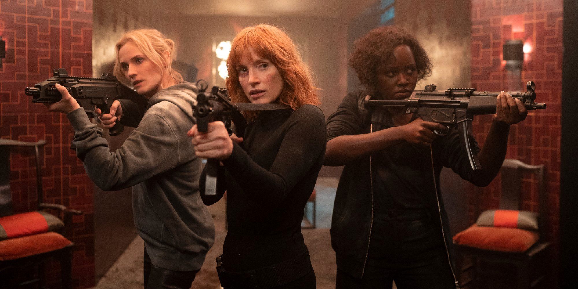 Diane Kruger, Jessica Chastain, and Lupita Nyong'o wielding machineguns