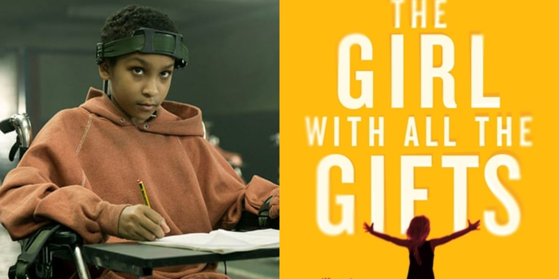 (Left) Melanie restrained in a wheelchair / (Right) The Girl with All the Gifts book cover