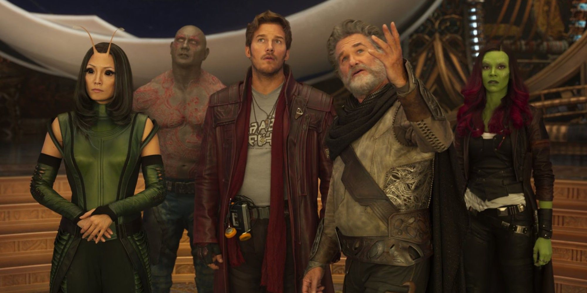 Peter Quill, Drax, and Gamora talking with Ego and Mantis in Guardians of the Galaxy Vol 2.