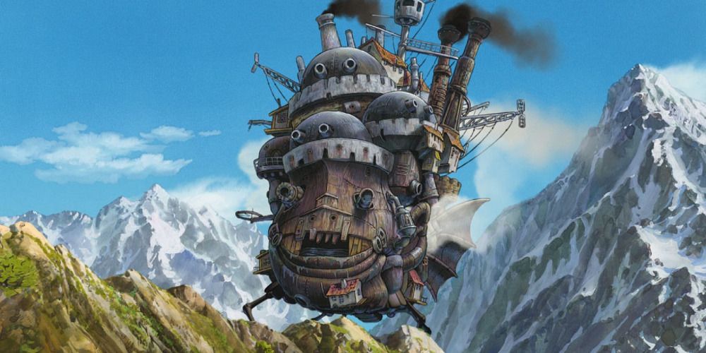 Howl's castle walking through the mountains in Howl's Moving Castle