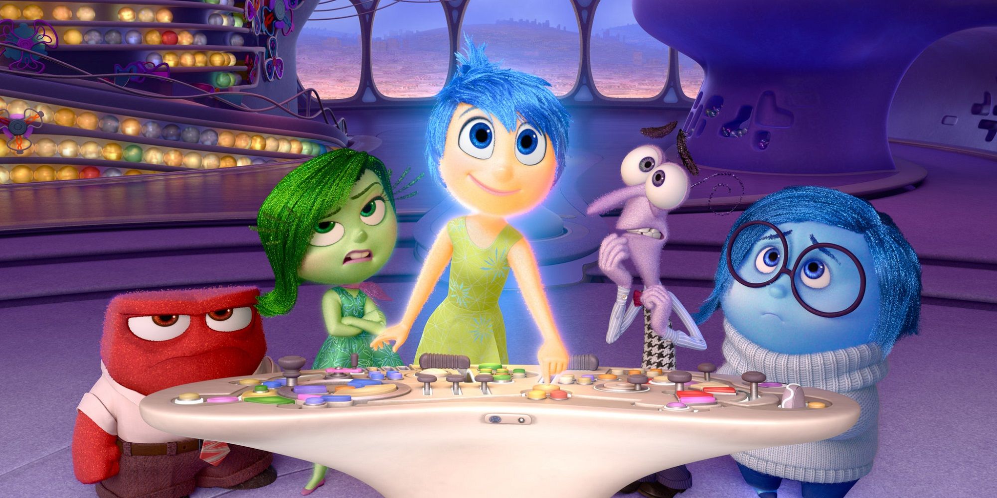 Ange, Disgust, Joy, Fear, and Sadness occupy the control panel in 'Inside Out'.