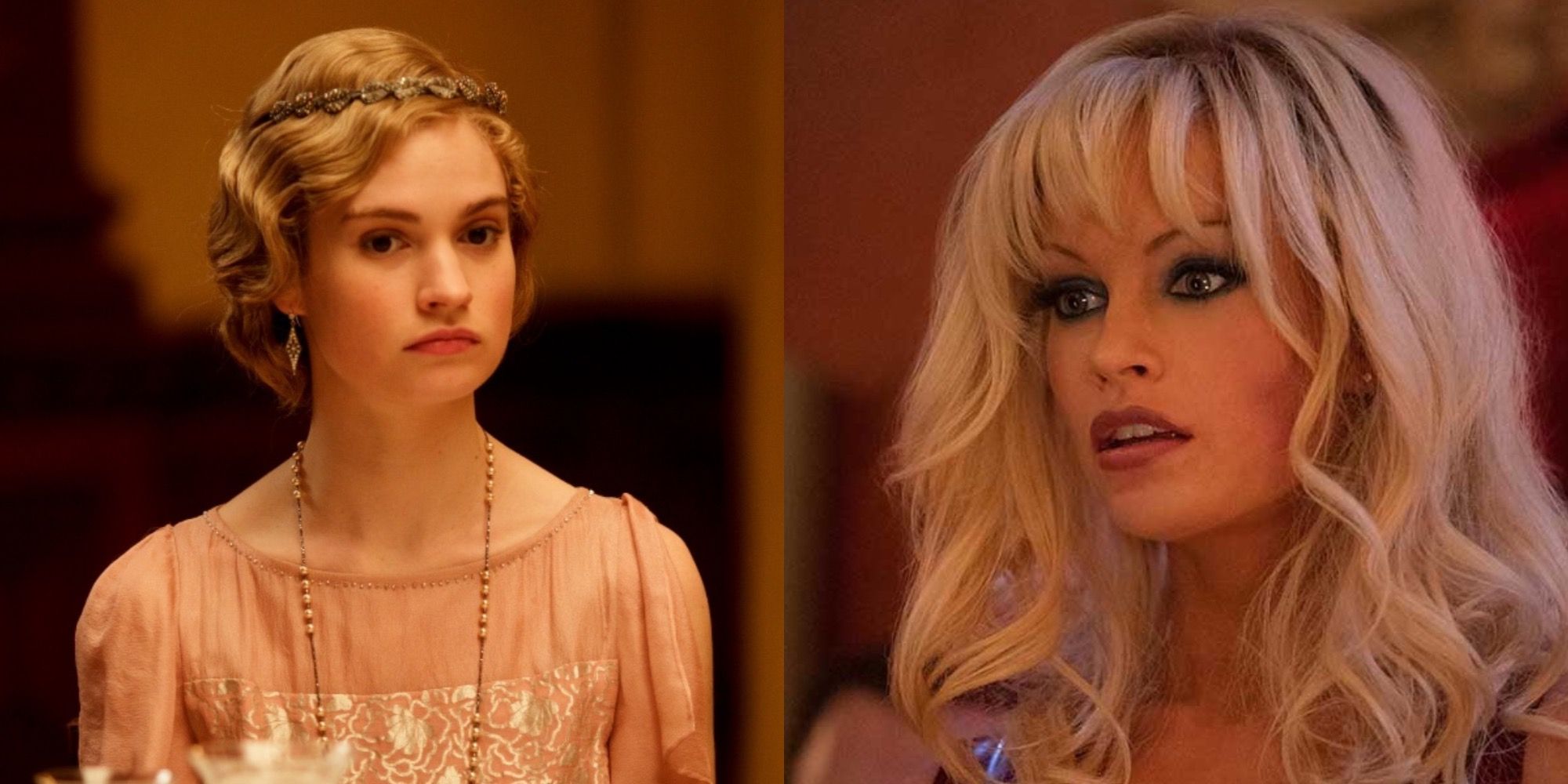Split image of Lily James in Downton Abbey and Pam and Tommy