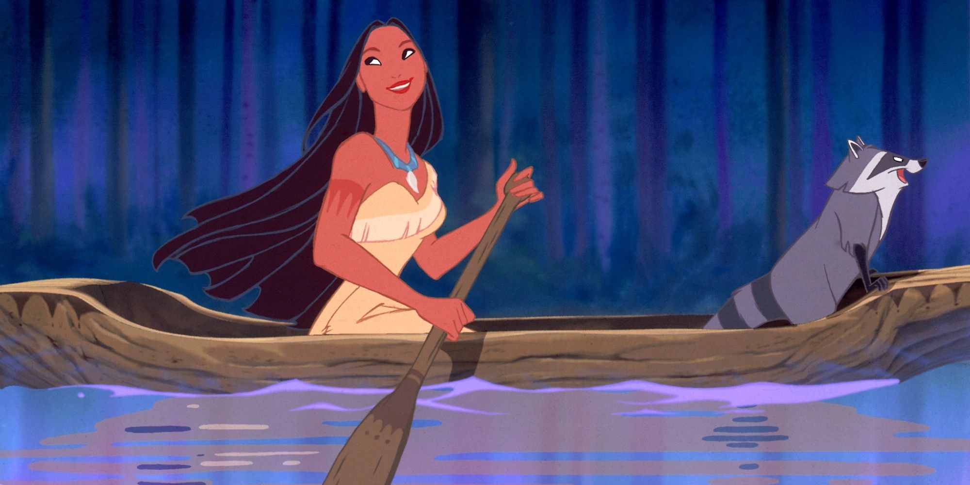 Pocahontas descendant une rivière à la rame dans Pocahontas (2015)
