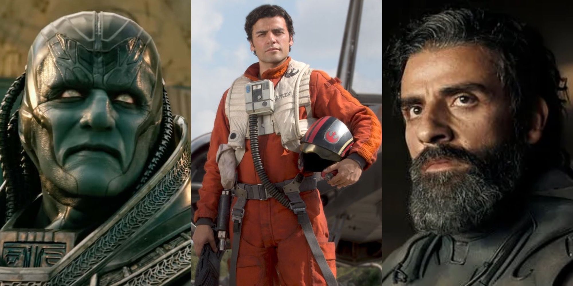 Split image of Oscar Isaac in Star Wars, X-Men: Apocalypse, and Dune