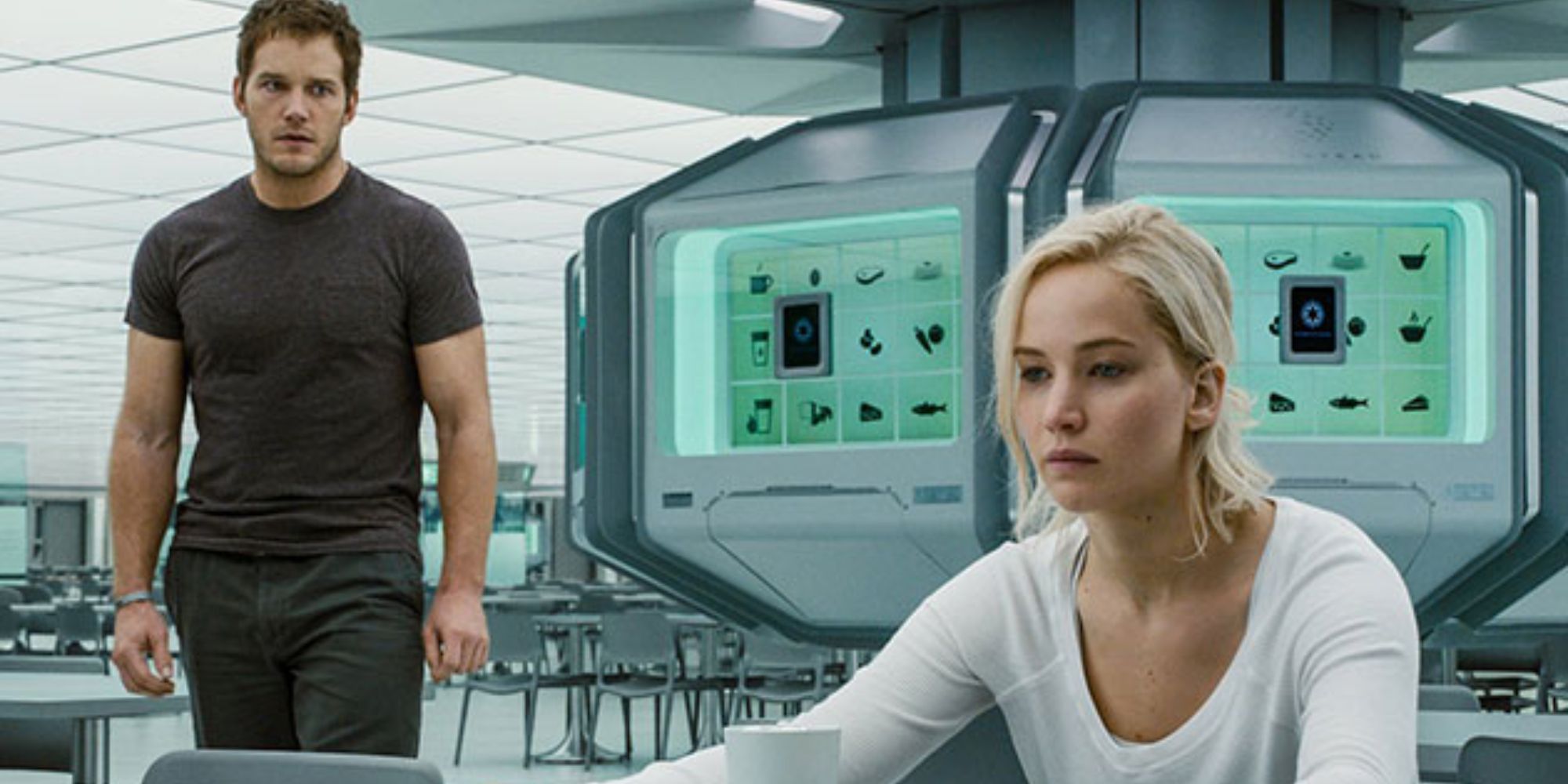 Forlorn Jennifer Lawrence and onlooking Chris Pratt in Passengers movie