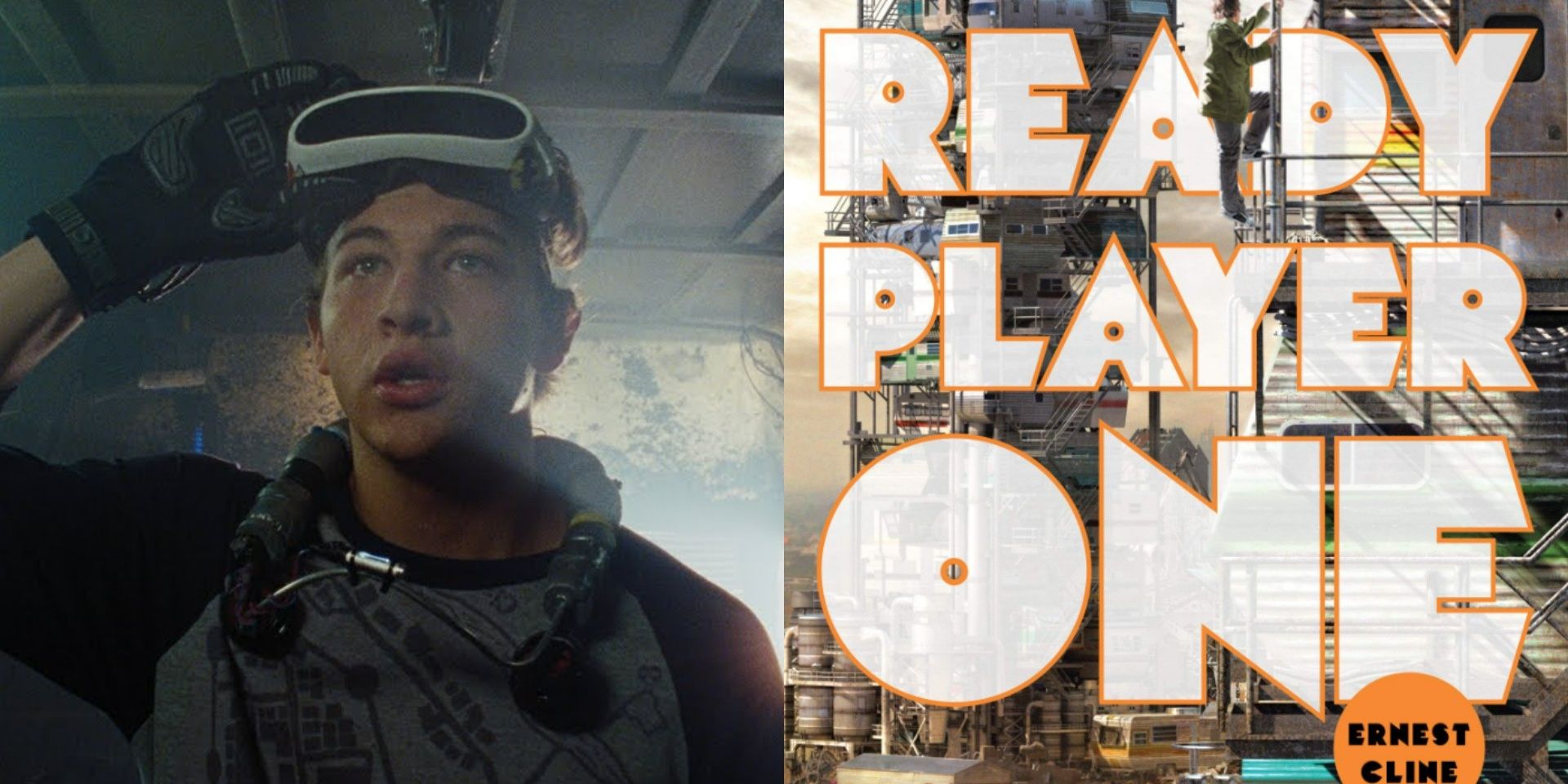 (Left) A boy removing his virtual reality gear / (Right) Ready Player One book cover with stacked trailers in the background