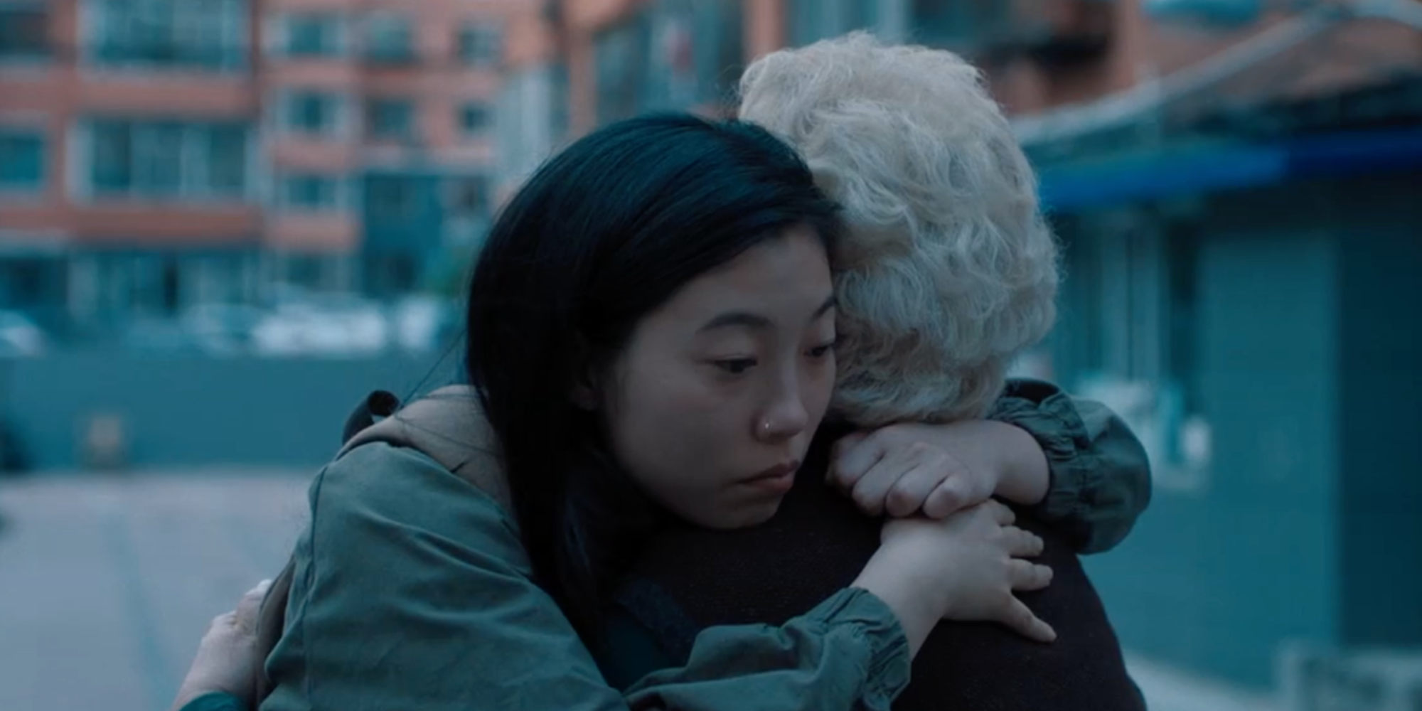 Still of Awkwafina hugging her fictional grandmother Zhao Shuzhen in The Farewell