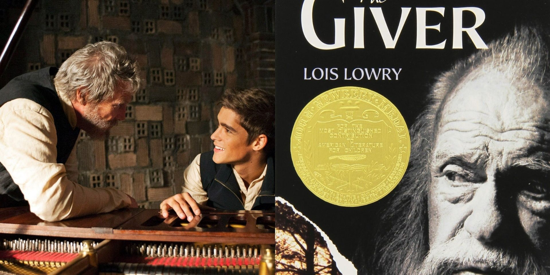 (Left) Man and boy at piano / (Right) The Giver Book cover 