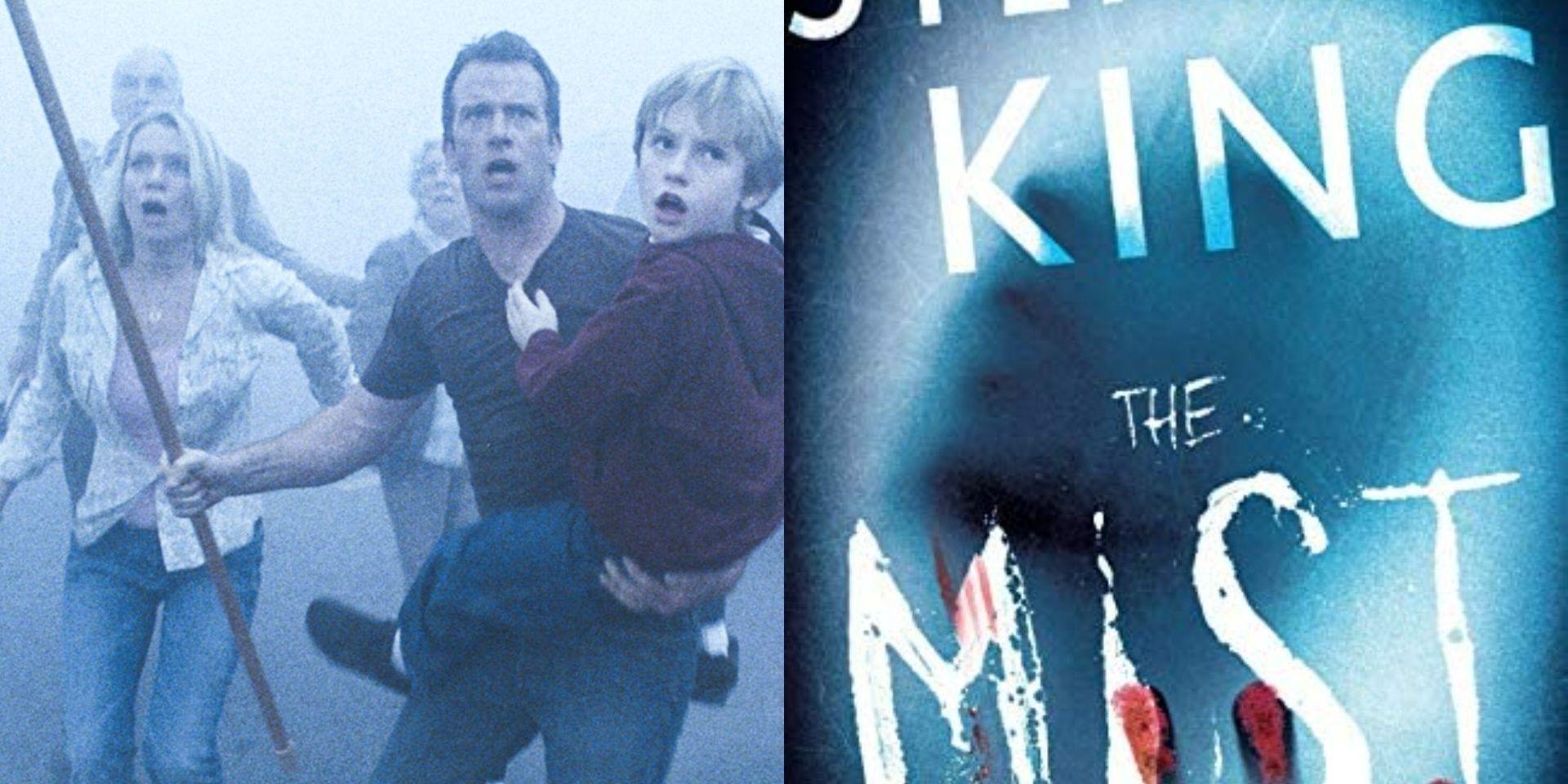 (Left) Picture of group of survivors with weapons, horrified / (Right) The Mist cover with bloody handprint