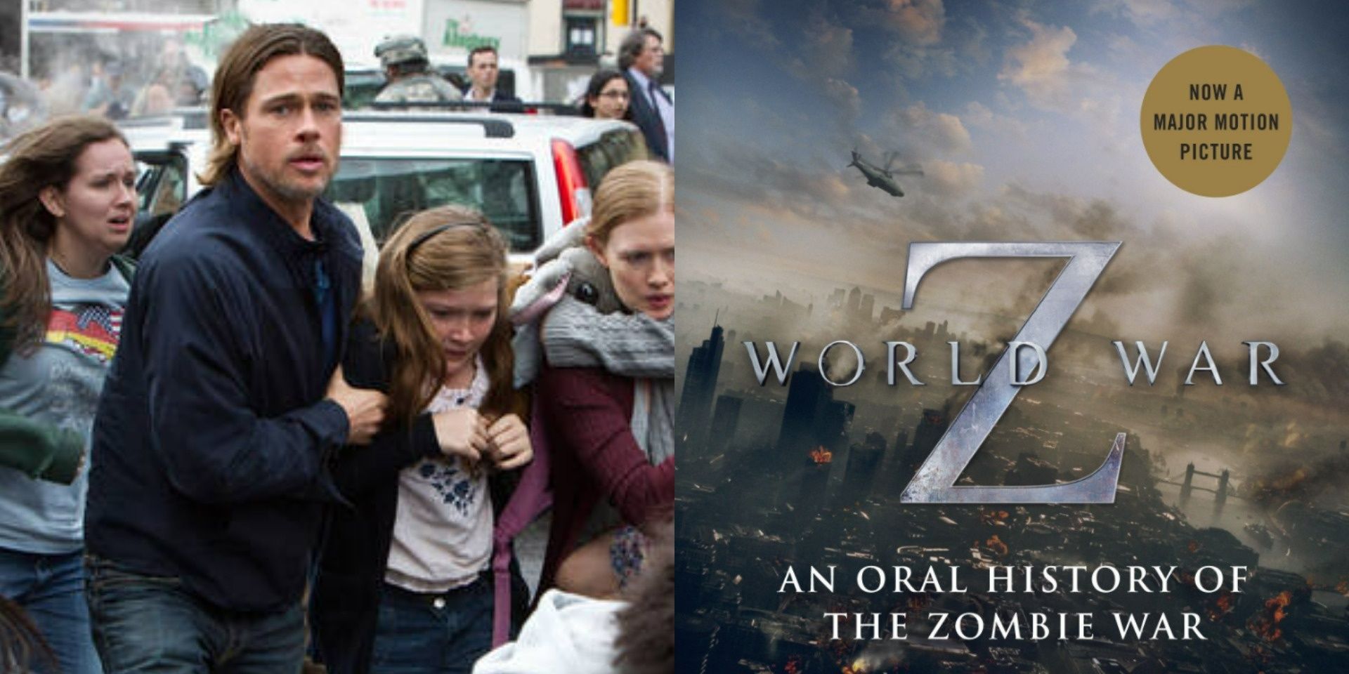 (Left) Gerry protectively holding his family / (Right) World War Z: An Oral History of the Zombie War book cover