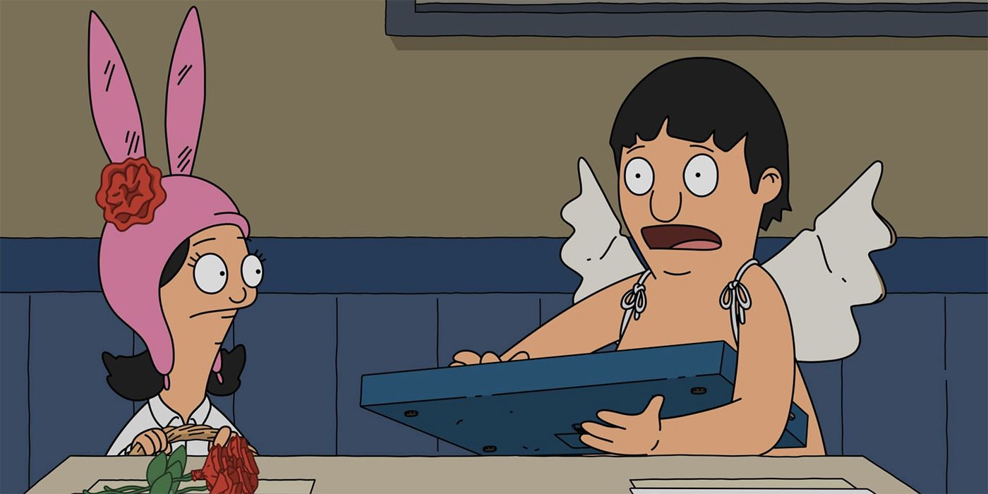 Louise (Kristen Schaal) wearing a rose on her hat and watching Gene (Eugene Mirman) hold a box while shirtless and wearing cupid wings on Bob's Burgers