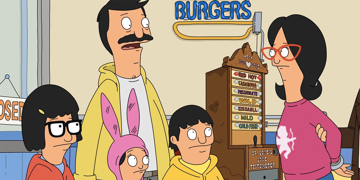 Bob (voiced by H. Jon Benjamin), Tina (Dan Mintz), Gene (Eugene Mirman), and Louise Belcher (Kristen Schaal) watching Linda (John Roberts) get handcuffed in Bob's Burgers