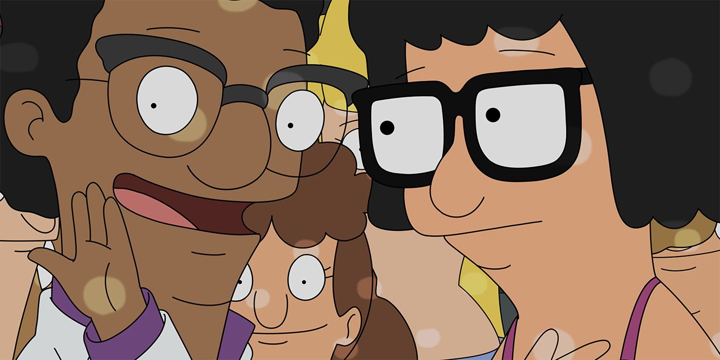Darryl (Aziz Ansari) and Tina (Dan Mintz) whisper to each other at the Valentine's Day dance in Bob's Burgers
