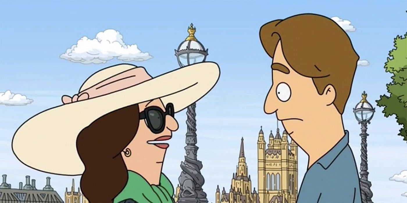 A woman in a large hat and sunglasses talks to a man in a Valentine's Day episode of Bob's Burgers