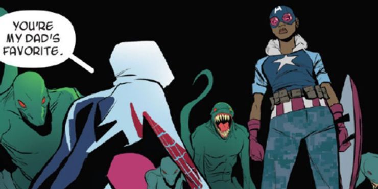 Captain America and Spider-Gwen surrounded by Lizards