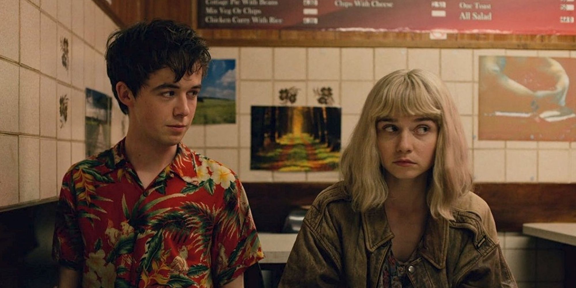 James & Alyssa in a restaurant in The End of the F***ing World.