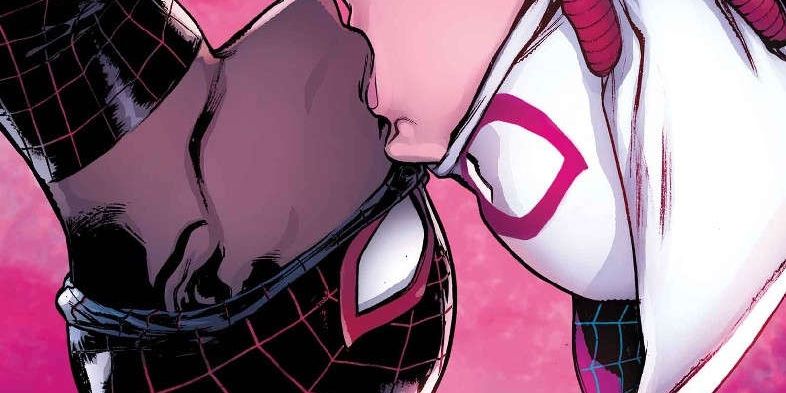 Spider-Gwen and Miles Morales kissing upside down