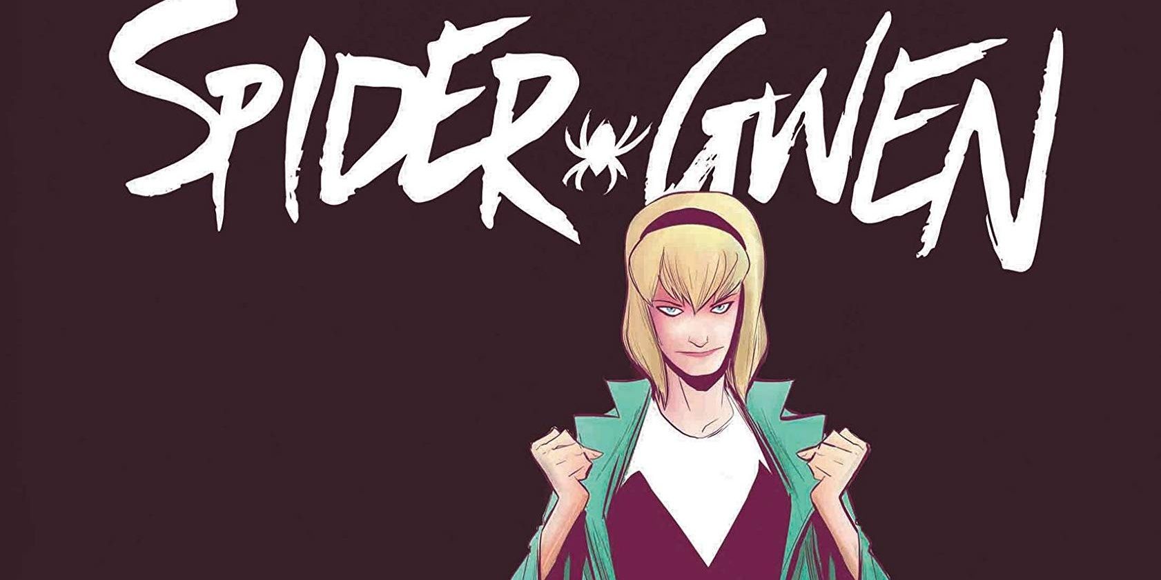 Spider-Gwen text and Gwen Stacy between costume change