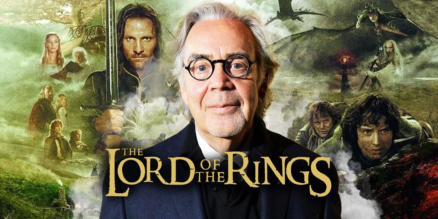 Composer Howard Shore in front of a backdrop of "The Lord of the Rings" characters