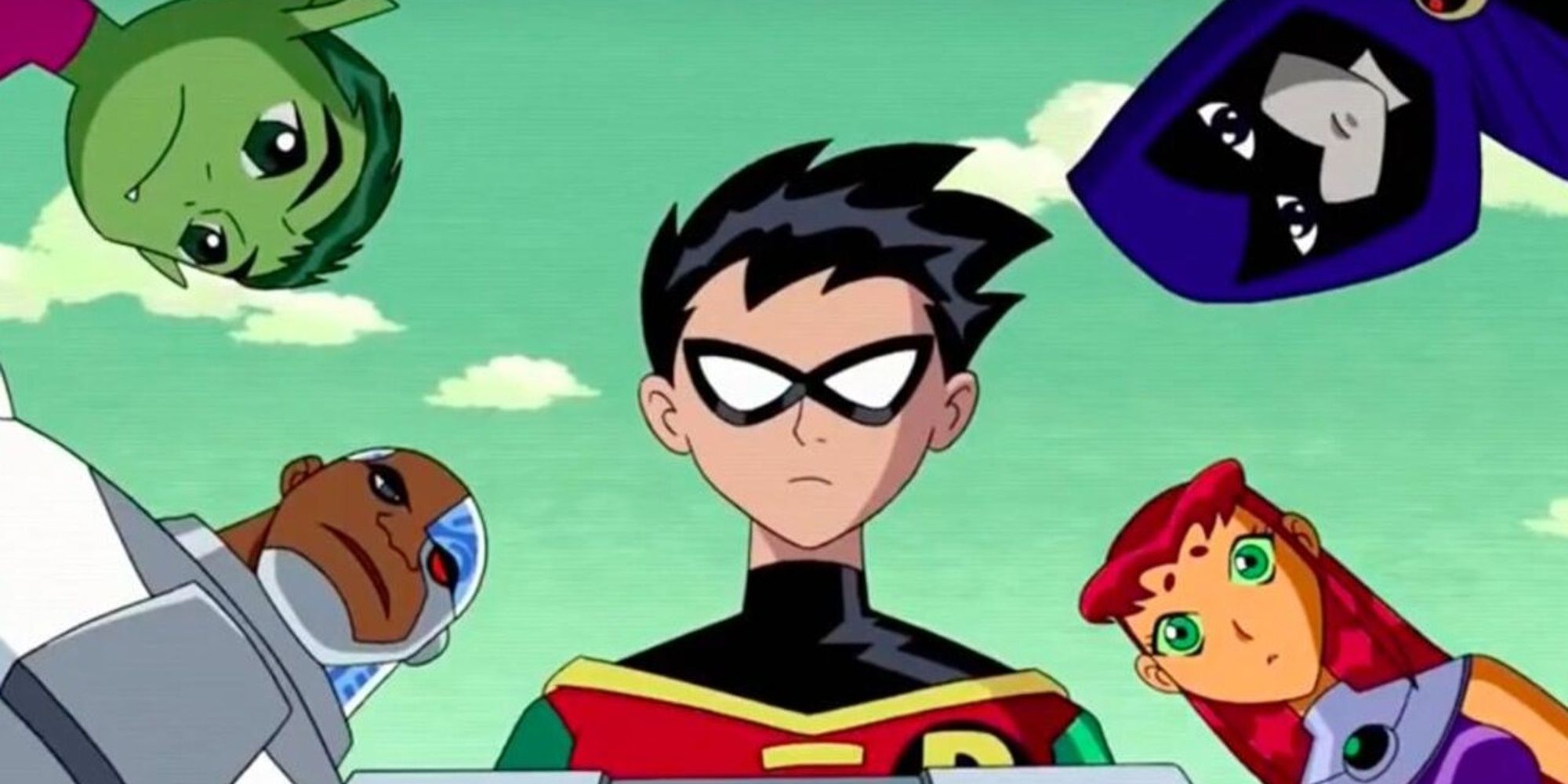 Robin, Cyborg, Starfire, Raven, and Beast Boy
