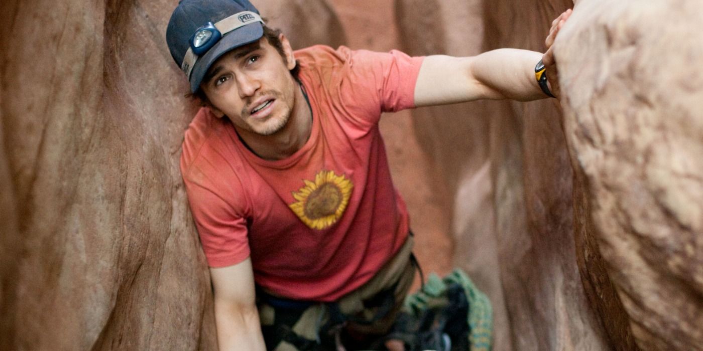 james-franco as aron ralston stuck in a canyon in 127 hours