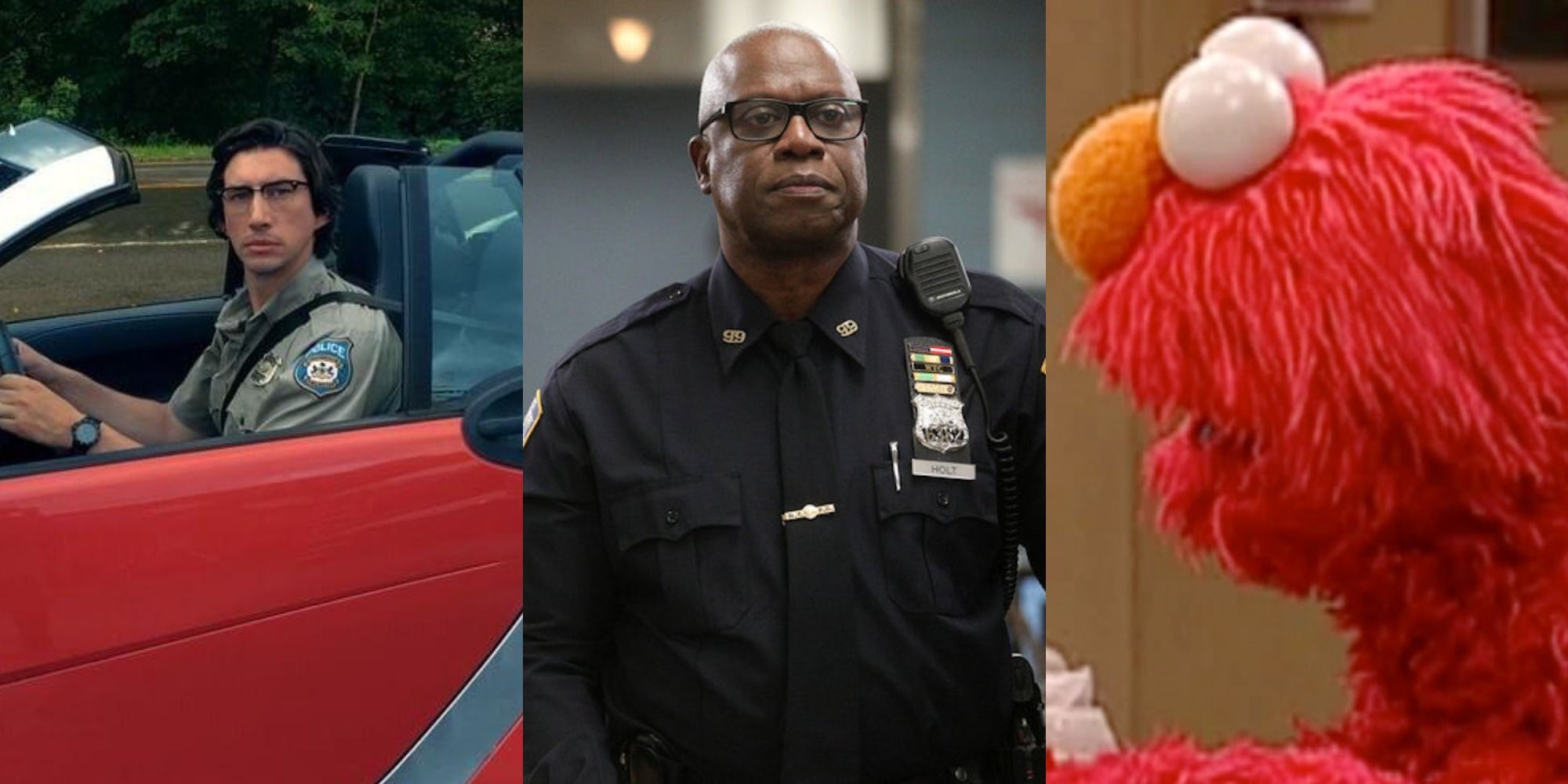 A collage of Adam Driver, Andre Braugher, and Elmo.