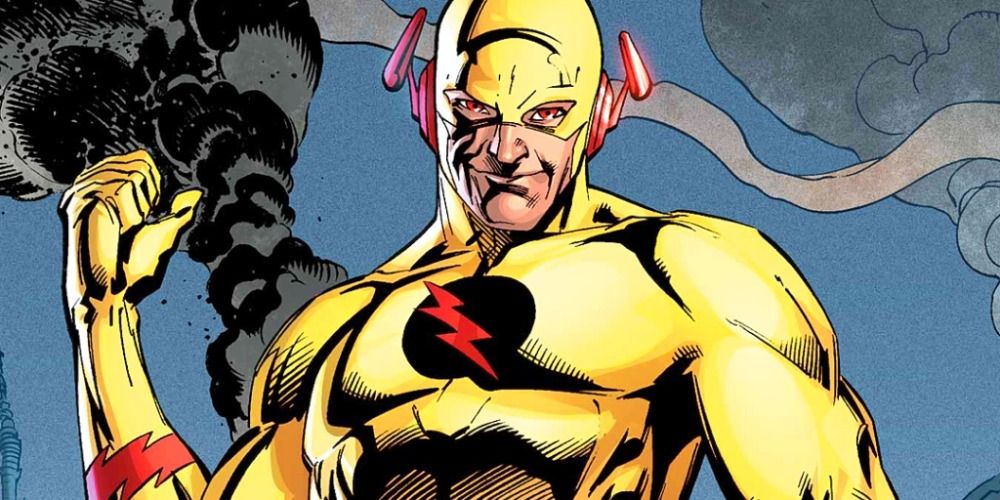 Reverse Flash smiling and pointing behind him at a cloud of smoke and destruction in Marvel Comics