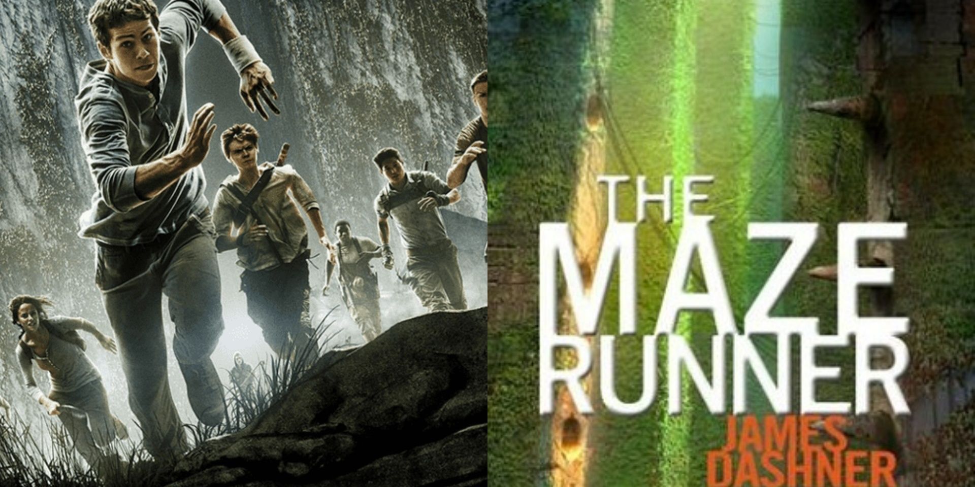 (Left) Group of teenagers running through maze / (Right) Maze Runner book cover of maze