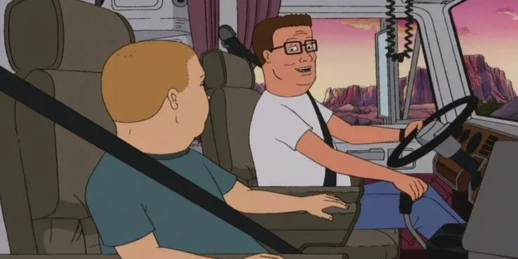 Bobby Hill recibe algunos consejos de su padre, Hank Hill, mientras viaja en su camioneta. 