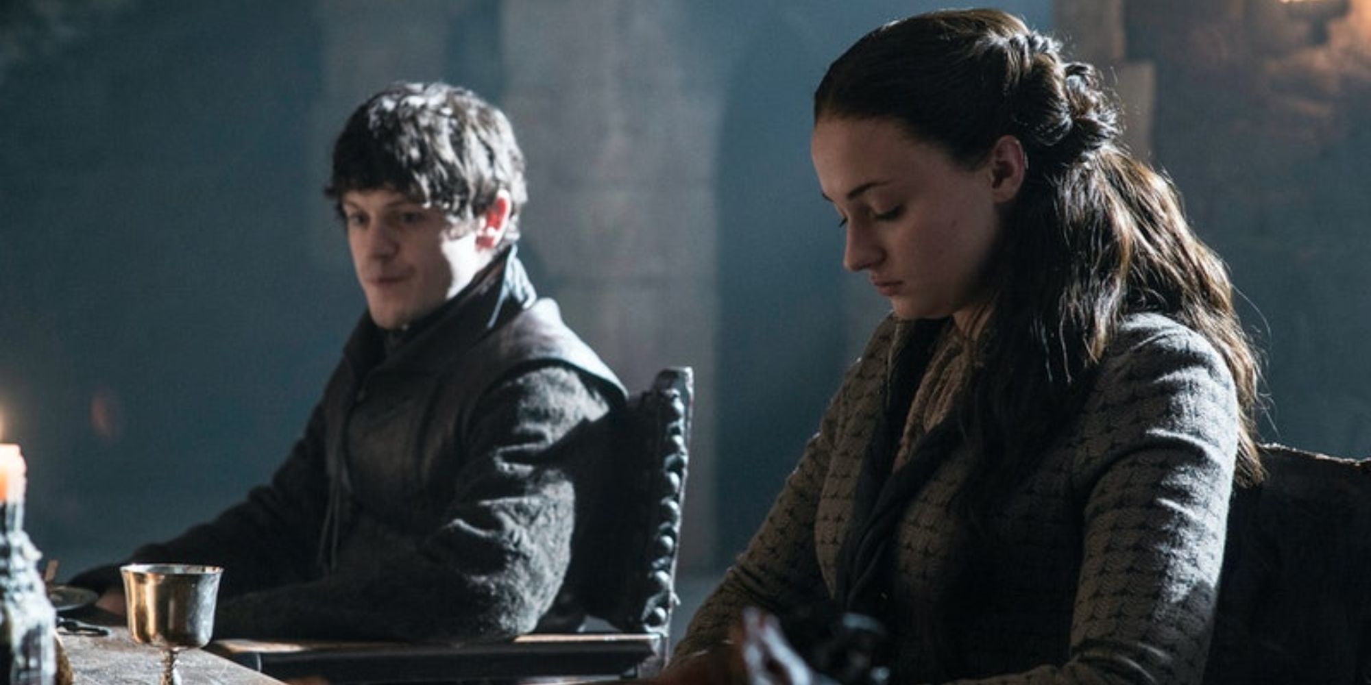 Iwan Rheon as Ramsay Bolton with Sophie Turner as Sansa-Stark in HBO's 'Game of Thrones'