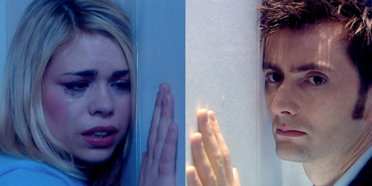 Rose (Billie Piper) and the Doctor (David Tennant) with their faces and hands pressed against the wall, looking devastated after being separated on Doctor Who