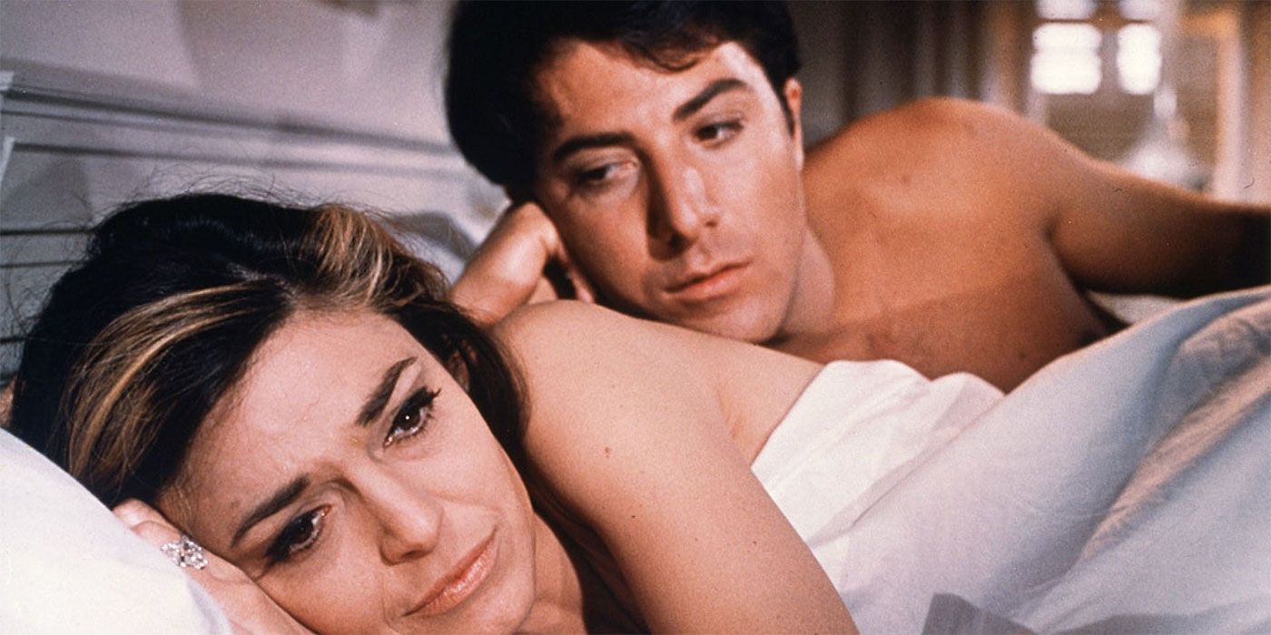 Anne Bancroft and Dustin Hoffman as Mrs. Robinson and Benjamin in bed together in The Graduate