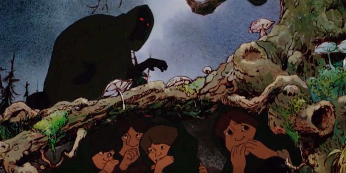 Frodo, Sam, Merry, and Pippin hiding from a Black Rider in Bakshi's The Lord of the Rings